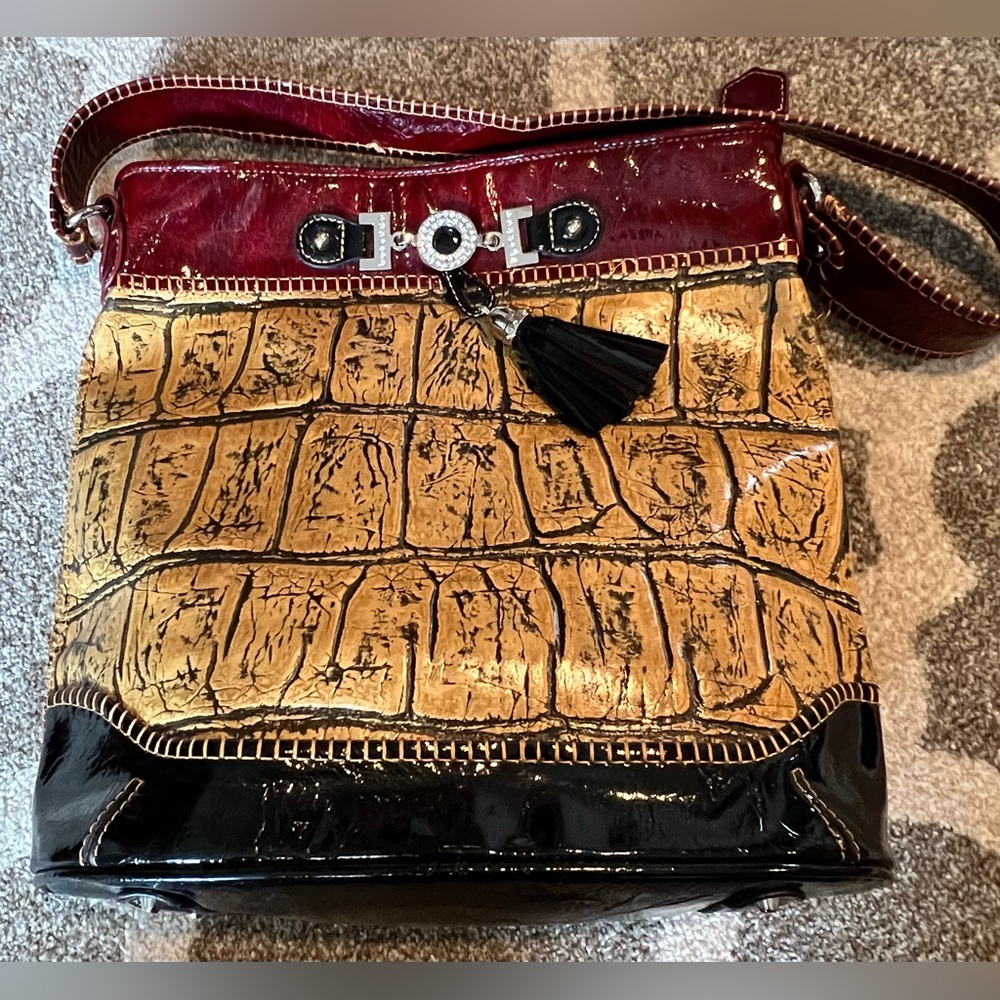 ❌SOLD❌ 
Marc Chantel Rhinestone Tassel Leather Gator Embossed Crossbody Handbag